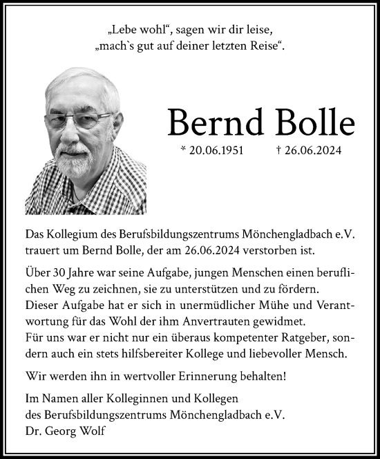 Traueranzeige von Bernd Bolle von trauer.extra-tipp-moenchengladbach.de