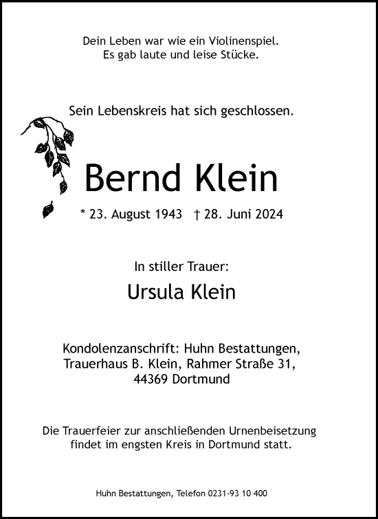 Traueranzeige von Bernd Klein von trauer.duesseldorfer-anzeiger.de