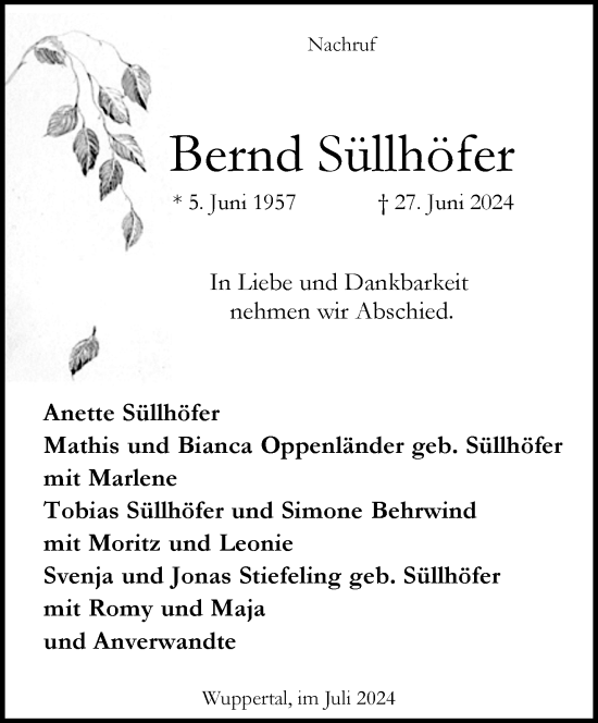 Traueranzeige von Bernd Süllhöfer von trauer.wuppertaler-rundschau.de