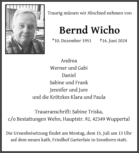 Traueranzeige von Bernd Wicho von trauer.wuppertaler-rundschau.de