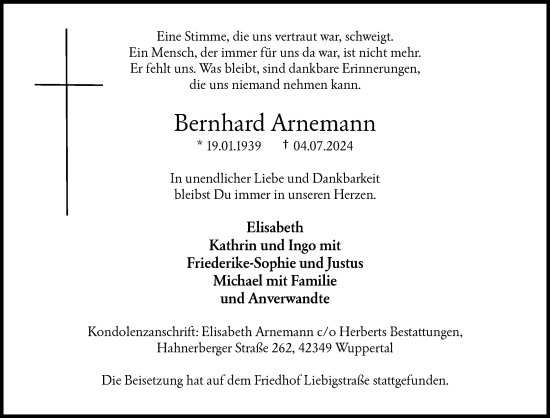 Traueranzeige von Bernhard Arnemann von trauer.wuppertaler-rundschau.de