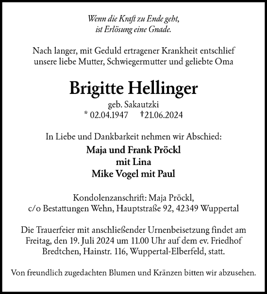 Traueranzeige von Brigitte Hellinger von trauer.wuppertaler-rundschau.de