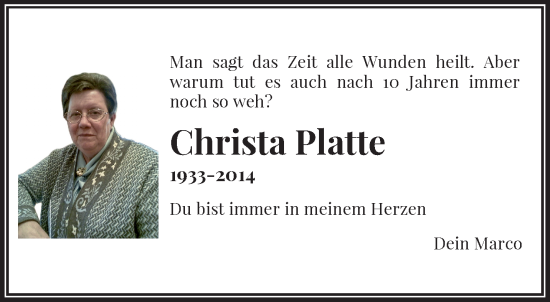 Traueranzeige von Christa Platte von trauer.wuppertaler-rundschau.de