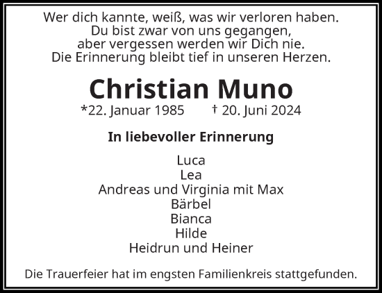 Traueranzeige von Christian Muno von trauer.wuppertaler-rundschau.de