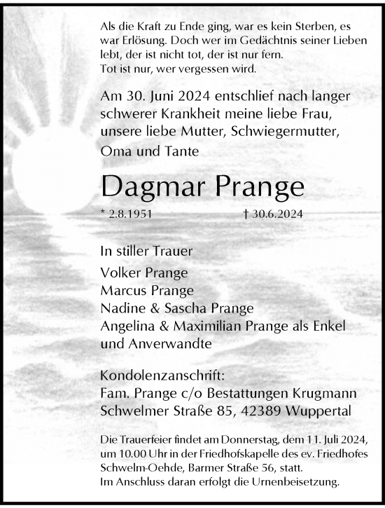Traueranzeige von Dagmar Prange von trauer.wuppertaler-rundschau.de