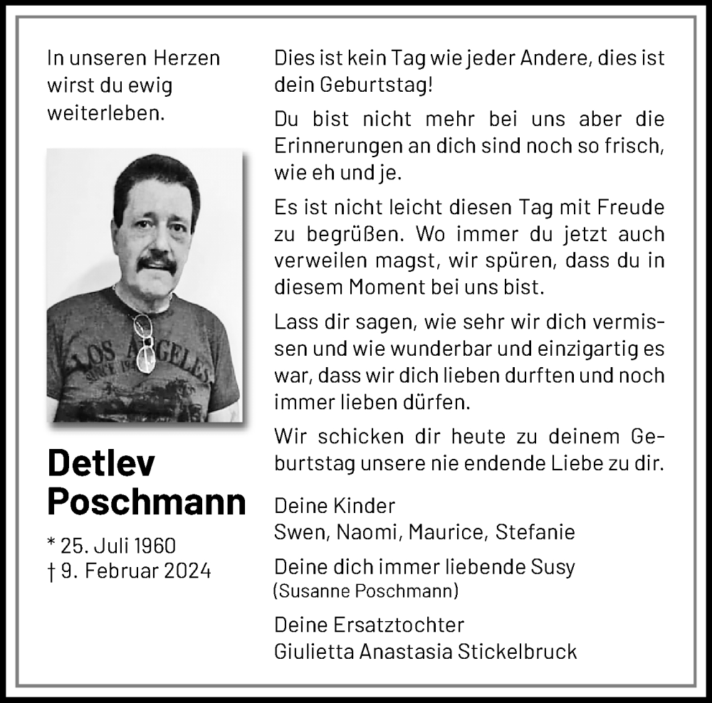  Traueranzeige für Detlev Poschmann vom 28.07.2024 aus trauer.extra-tipp-moenchengladbach.de