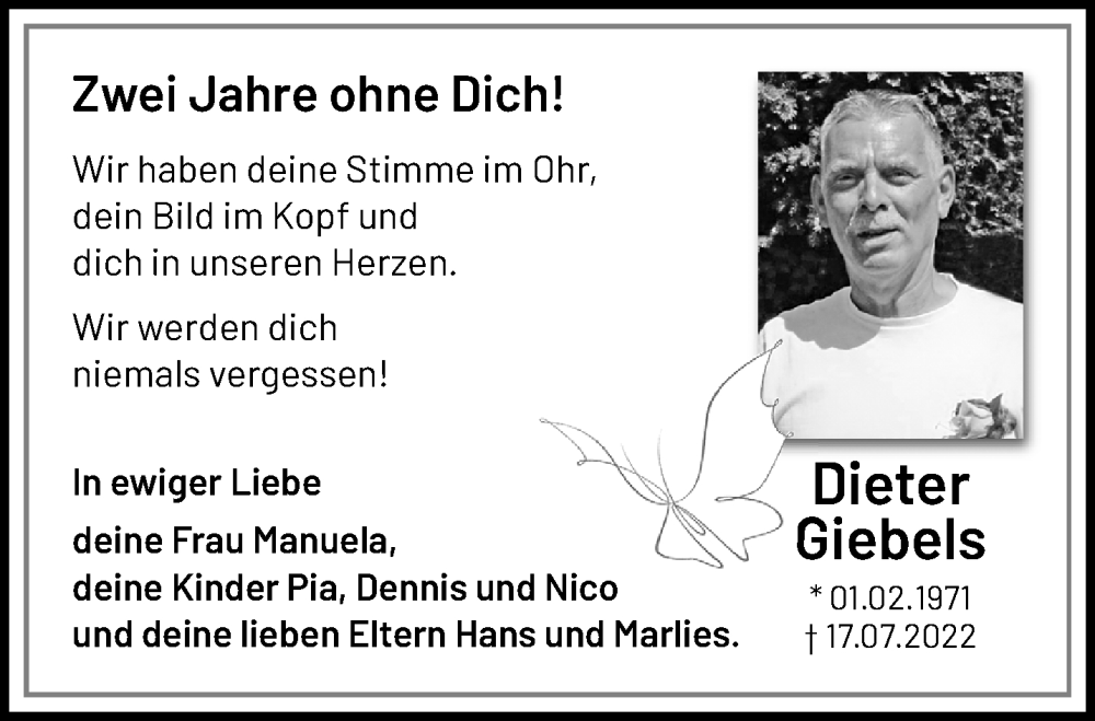  Traueranzeige für Dieter Giebels vom 21.07.2024 aus trauer.extra-tipp-moenchengladbach.de