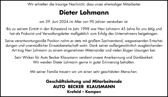 Traueranzeige von Dieter Lohmann von trauer.extra-tipp-moenchengladbach.de