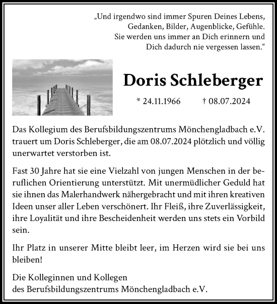 Traueranzeige von Doris Schleberger von trauer.extra-tipp-moenchengladbach.de