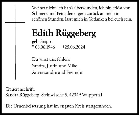 Traueranzeige von Edith Rüggeberg von trauer.wuppertaler-rundschau.de