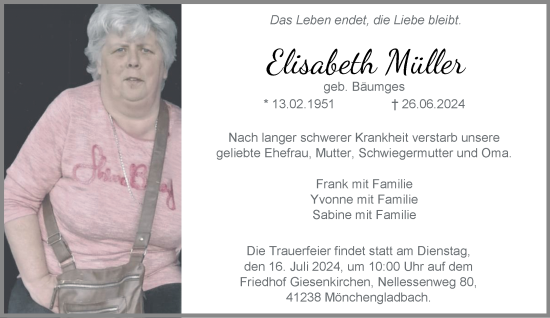 Traueranzeige von Elisabeth Müller von trauer.extra-tipp-moenchengladbach.de