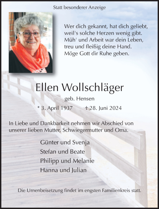 Traueranzeige von Ellen Wollschläger von trauer.extra-tipp-moenchengladbach.de