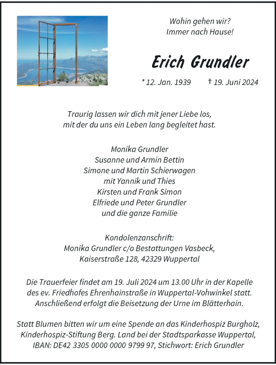 Traueranzeige von Erich Grundler von trauer.wuppertaler-rundschau.de