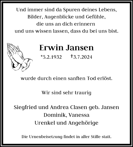 Traueranzeige von Erwin Jansen von trauer.wuppertaler-rundschau.de