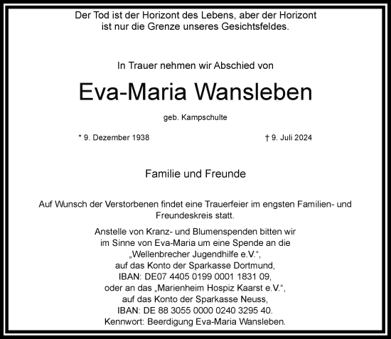 Traueranzeige von Eva-Maria Wansleben von trauer.extra-tipp-moenchengladbach.de