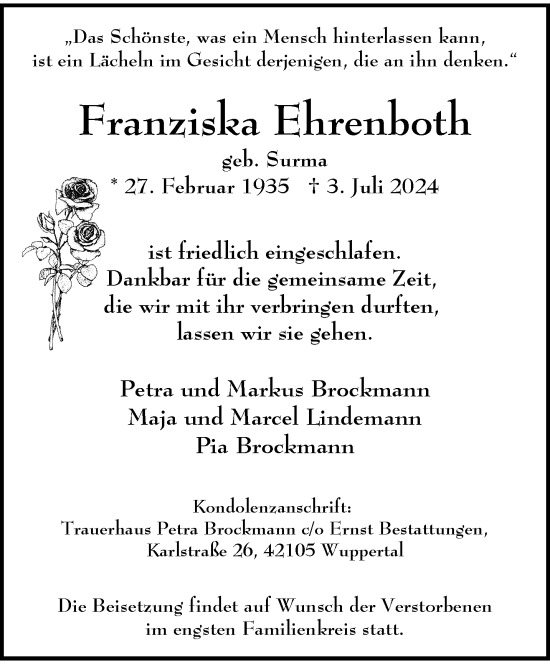 Traueranzeige von Franziska Ehrenboth von trauer.wuppertaler-rundschau.de