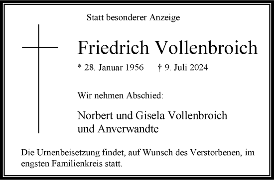 Traueranzeige von Friedrich Vollenbroich von trauer.extra-tipp-moenchengladbach.de