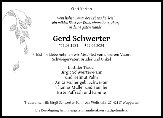 Traueranzeige von Gerd Schwerter von trauer.wuppertaler-rundschau.de