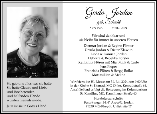 Traueranzeige von Gerda Jordan von trauer.extra-tipp-moenchengladbach.de