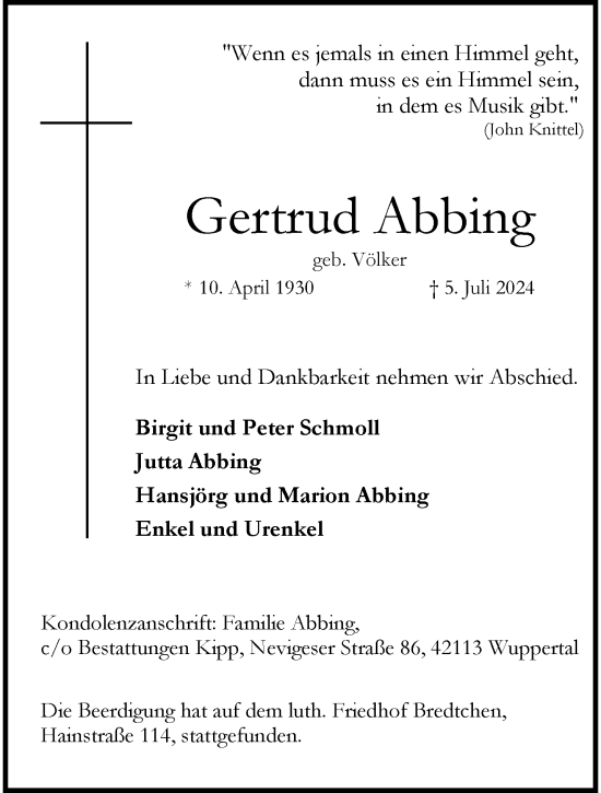 Traueranzeige von Gertrud Abbing von trauer.wuppertaler-rundschau.de