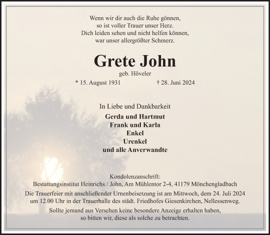 Traueranzeige von Grete John von trauer.extra-tipp-moenchengladbach.de