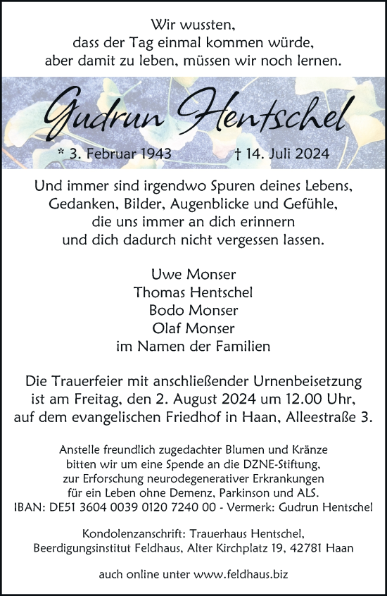 Traueranzeige von Gudrun Hentschel von trauer.duesseldorfer-anzeiger.de