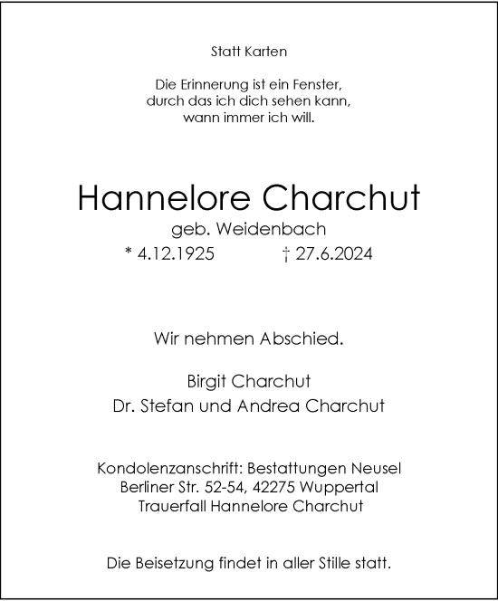 Traueranzeige von Hannelore Charchut von trauer.wuppertaler-rundschau.de