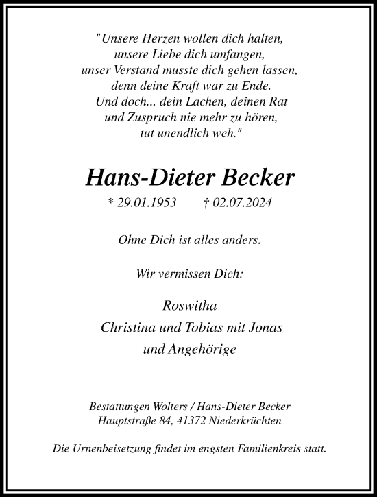Traueranzeige von Hans-Dieter Becker von trauer.extra-tipp-moenchengladbach.de