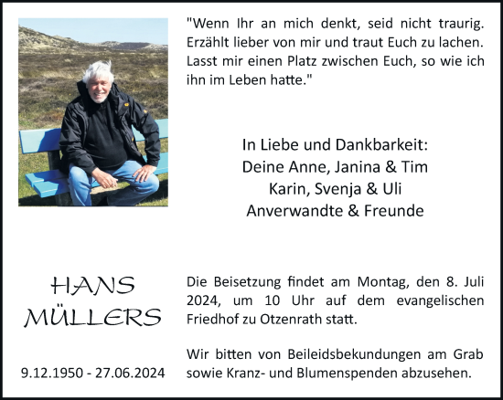 Traueranzeige von Hans Müller von trauer.stadt-kurier.de