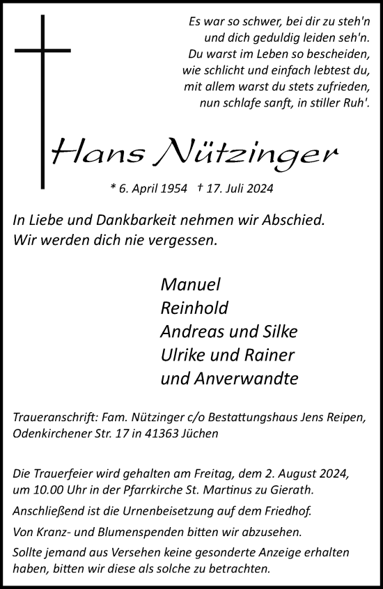 Traueranzeige von Hans Nützinger von trauer.extra-tipp-moenchengladbach.de