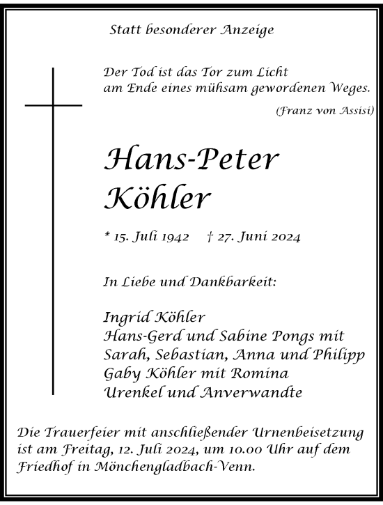 Traueranzeige von Hans-Peter Köhler von trauer.extra-tipp-moenchengladbach.de