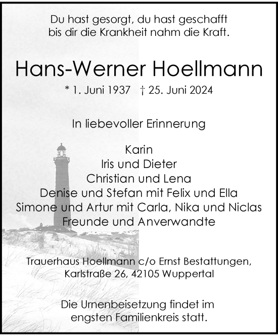 Traueranzeige von Hans-Werner Hoellmann von trauer.wuppertaler-rundschau.de