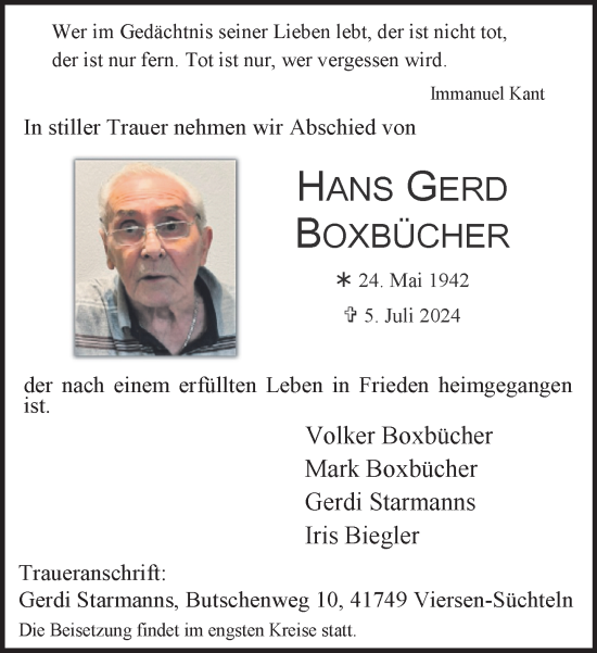 Traueranzeige von Hans Gerd Boxbücher von trauer.extra-tipp-moenchengladbach.de