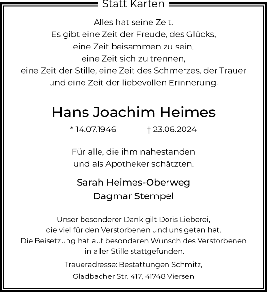 Traueranzeige von Hans Joachim Heimes von trauer.extra-tipp-moenchengladbach.de