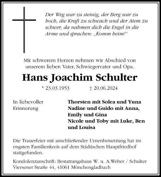 Traueranzeige von Hans Joachim Schulter von trauer.extra-tipp-moenchengladbach.de