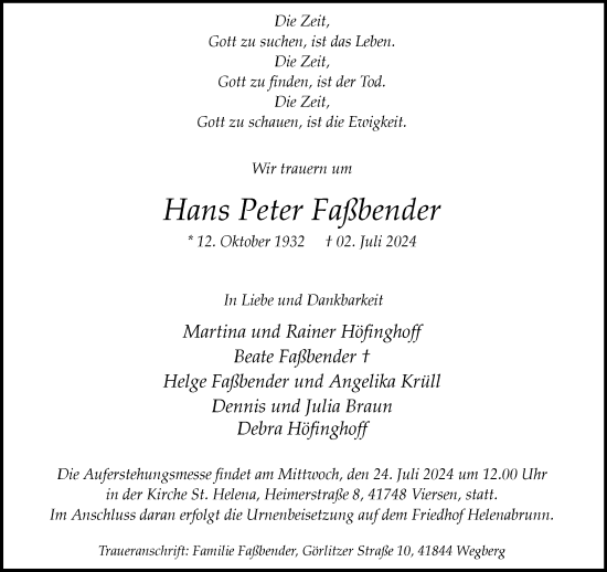 Traueranzeige von Hans Peter Faßbender von trauer.extra-tipp-moenchengladbach.de