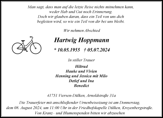 Traueranzeige von Hartwig Hoppmann von trauer.extra-tipp-moenchengladbach.de