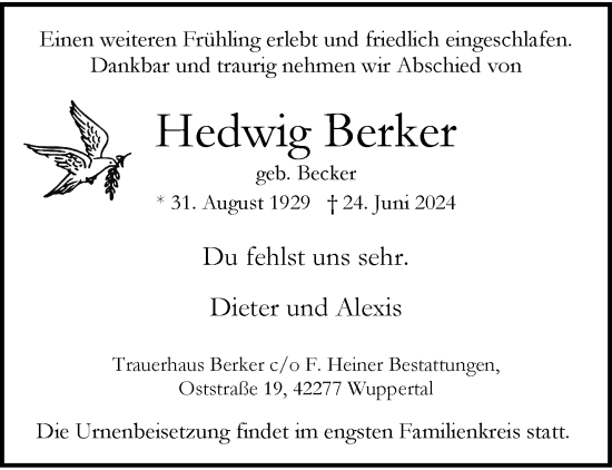 Traueranzeige von Hedwig Berker von trauer.wuppertaler-rundschau.de