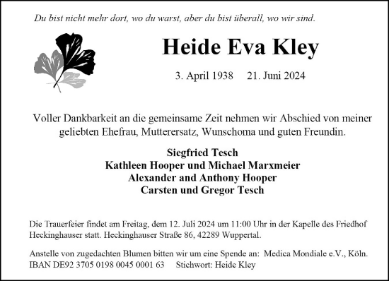 Traueranzeige von Heide Eva Kley von trauer.wuppertaler-rundschau.de