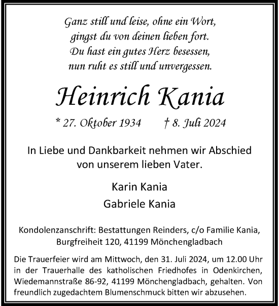 Traueranzeige von Heinrich Kania von trauer.extra-tipp-moenchengladbach.de