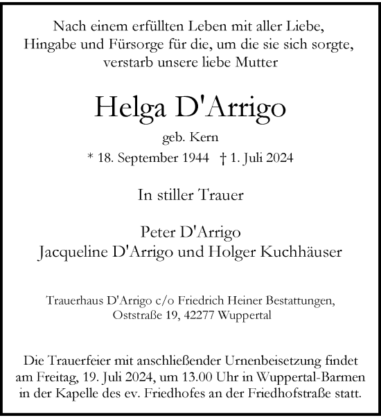 Traueranzeige von Helga DArrigo von trauer.wuppertaler-rundschau.de