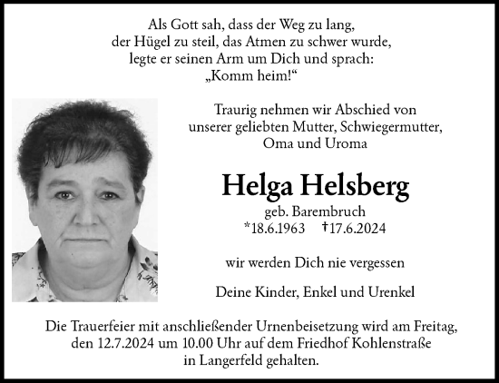 Traueranzeige von Helga Helsberg von trauer.wuppertaler-rundschau.de