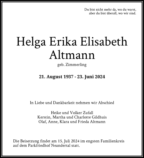 Traueranzeige von Helga Erika Elisabeth Altmann von trauer.duesseldorfer-anzeiger.de