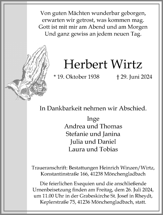 Traueranzeige von Herbert Wirtz von trauer.extra-tipp-moenchengladbach.de