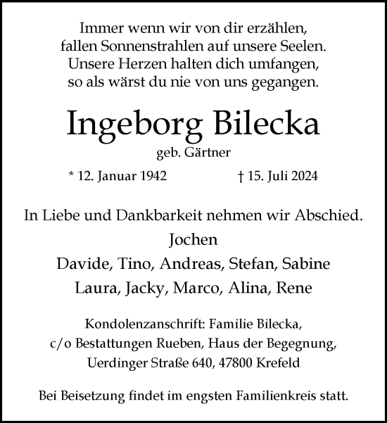 Traueranzeige von Ingeborg Bilecka von trauer.extra-tipp-moenchengladbach.de