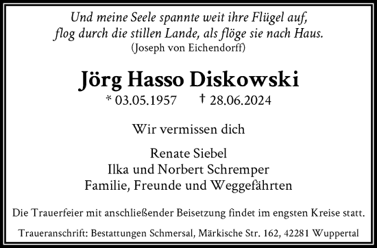 Traueranzeige von Jörg Hasso Diskowski von trauer.wuppertaler-rundschau.de