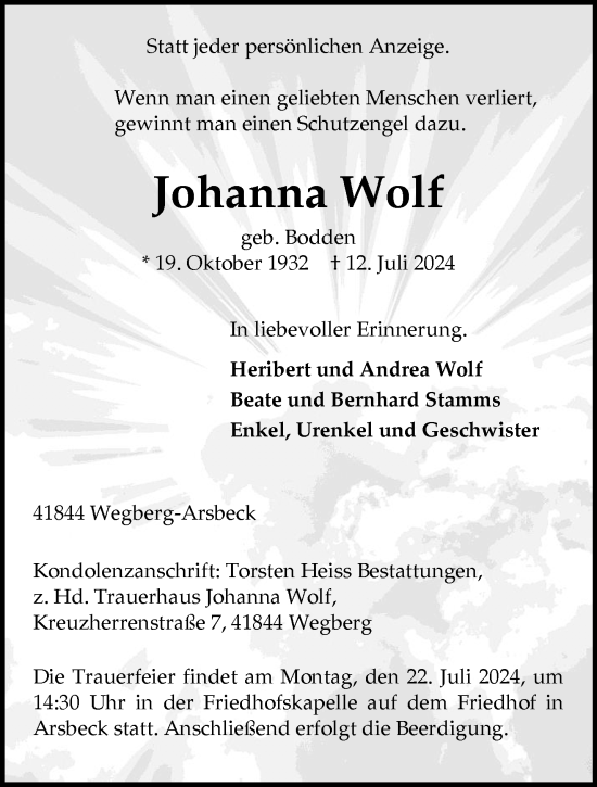 Traueranzeige von Johanna Wolf von trauer.extra-tipp-moenchengladbach.de
