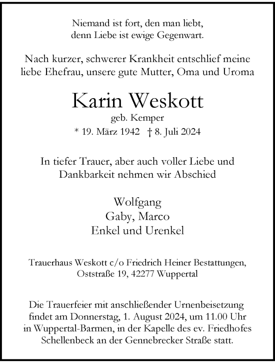 Traueranzeige von Karin Weskott von trauer.wuppertaler-rundschau.de