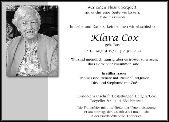 Traueranzeige von Klara Cox von trauer.extra-tipp-moenchengladbach.de