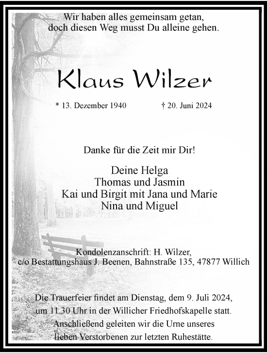 Traueranzeige von Klaus Wilzer von trauer.extra-tipp-moenchengladbach.de